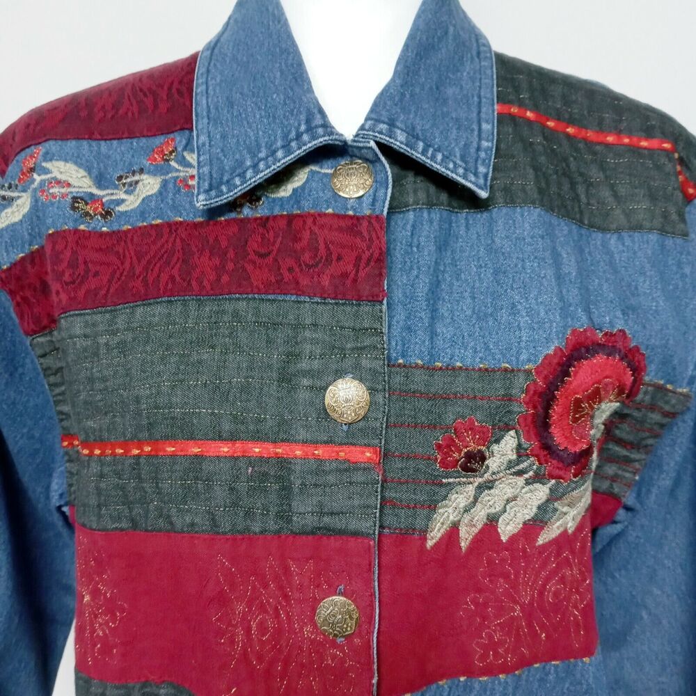 Vintage Patchwork Jean Jacket Blazer Embroidered … - image 7